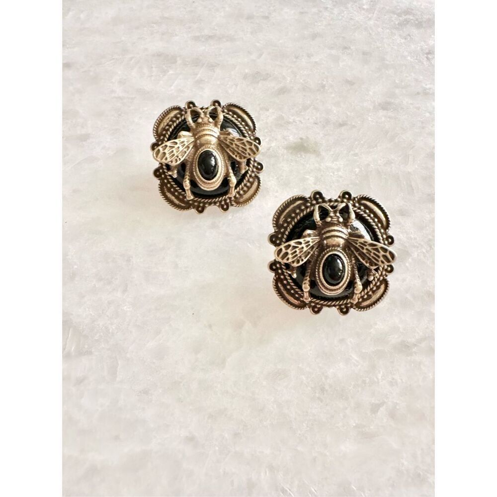 Black and aged gold color bumblebee stud earrings